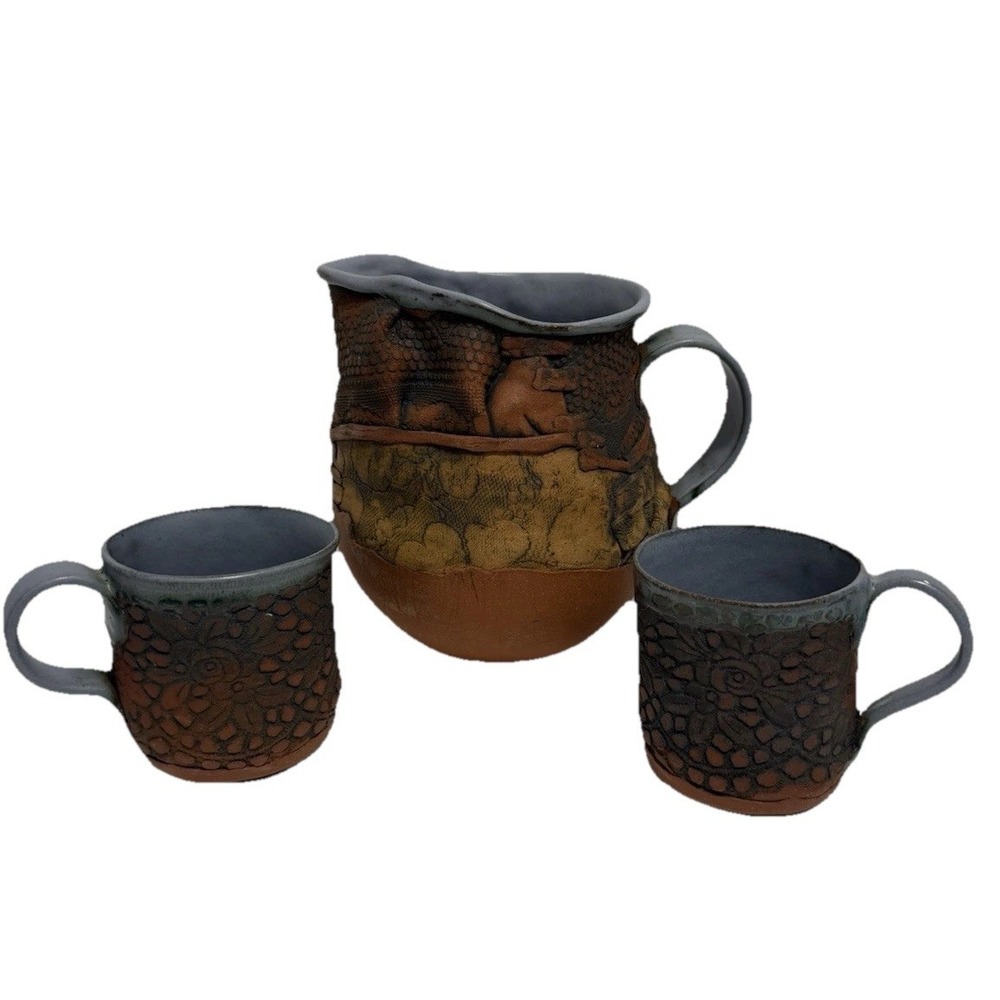 Signed Judy Studio Pottery Pitcher & 2 Small Coffee Mugs Rustic Handmade Pottery